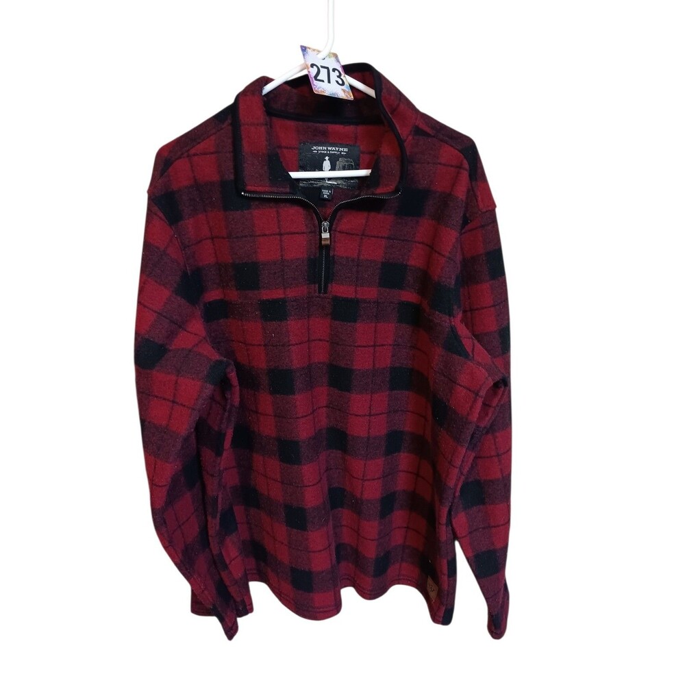 John Wayne Stock Supply 1/4 Zip Red Black Buffalo Plaid Fleece Jacket Size XL